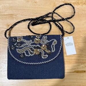 CBOCS Blue Denim Beaded Floral Crossbody Bag Sequins Boho Braided Strap NEW